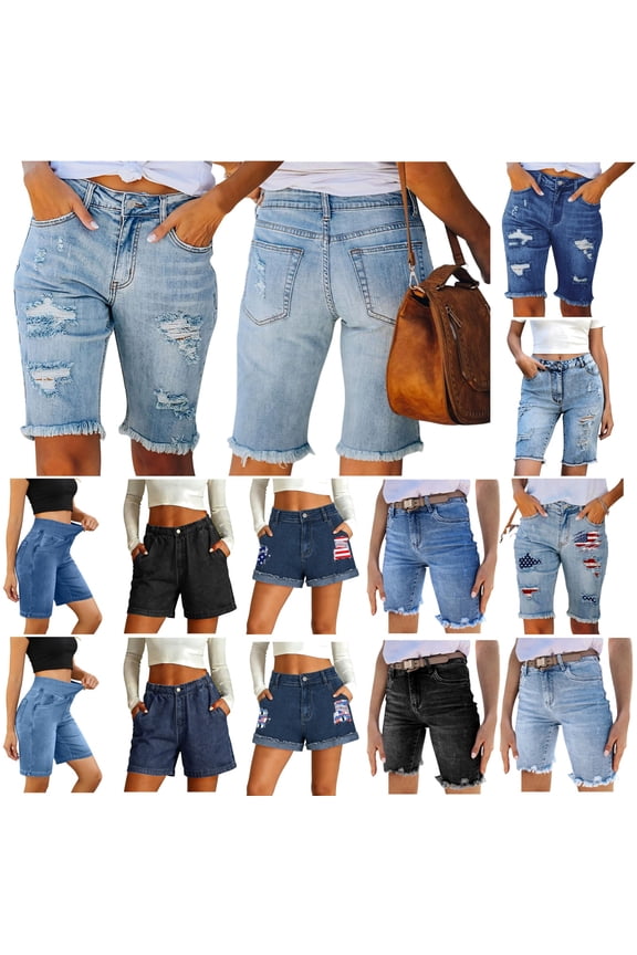 Elastic High Waisted Jean Shorts Womens Stretchy Baggy Wide Leg Denim Shorts Summer Trendy Casual Jorts with Pockets Blue M