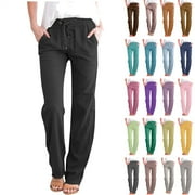 QATAINLAV Capris Pants for Women Cotton Linen Casual Summer Beach Pants Loose Drawstring Elastic Waist Straight Wide Leg Cropped Trousers with Pockets Green XXXXL Clearance Items