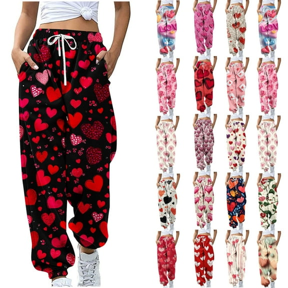 QATAINLAV Womens Casual Drawstring Pants Valentine's Day Heart Printed High Waisted Joggers Pant Loose Bound Ankle Sweatpants with Pockets Multicolor L Prime Sales Today