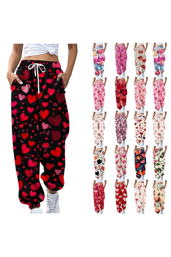 Womens Casual Drawstring Pants Valentine's Day Heart Printed High Waisted Joggers Pant Loose Bound Ankle Sweatpants with Pockets Multicolor XXL Lightening Sale