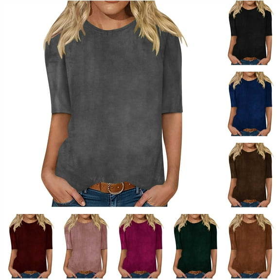 QATAINLAV Womens Casual Half Sleeve Velvet Shirts Spring Fall Round Neck Blouse Tees Solid Color Evening Wear Going Out Tops, Wine, M