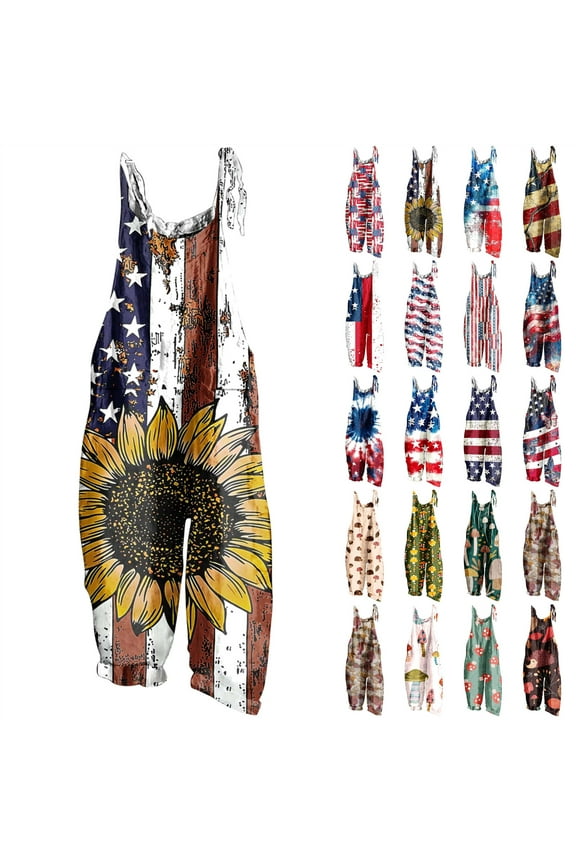 Womens Casual Loose American Flag Graphic Jumpsuits Summer Sleeveless Wide Leg Linen Long Rompers 4th of July One Piece Overalls with Pockets Red L Gifts for Mom
