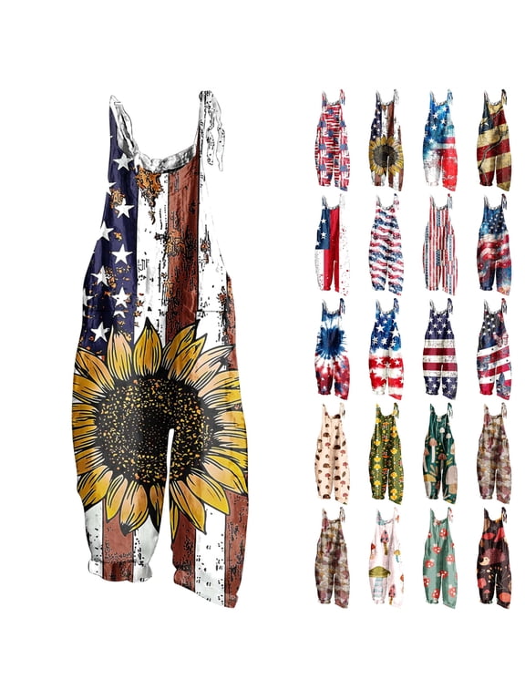 Womens Casual Loose American Flag Graphic Jumpsuits Summer Sleeveless Wide Leg Linen Long Rompers 4th of July One Piece Overalls with Pockets Red XXL Weekly Prime