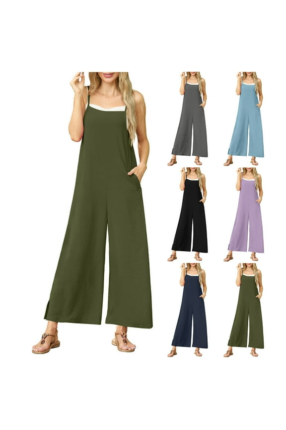 Womens Casual Loose Jumpsuits Summer Boho Side Split Wide Leg Rompers Sleeveless Suspender Linen Overalls with Pockets Army Green L Weekly Sale