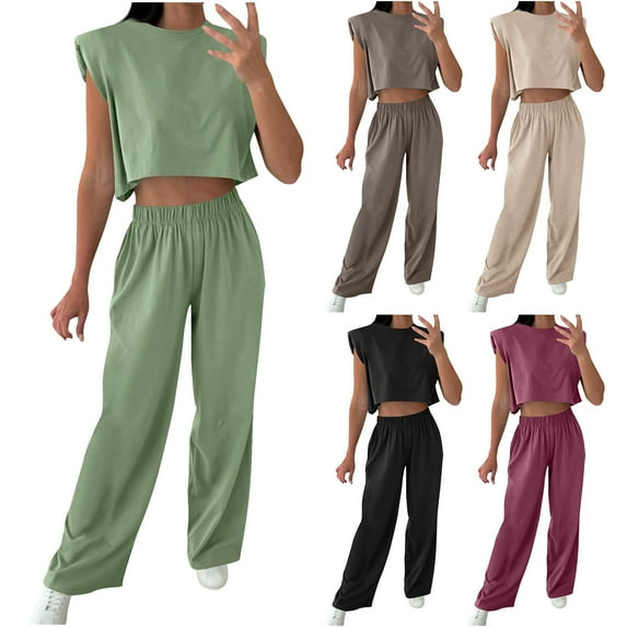 QATAINLAV Womens Casual Lounge Set Round Neck Shoulder Padded Cropped Tank Tops Matching Wide Leg Pants Vacation Travel 2 Piece Outfits, Beige, XL,
