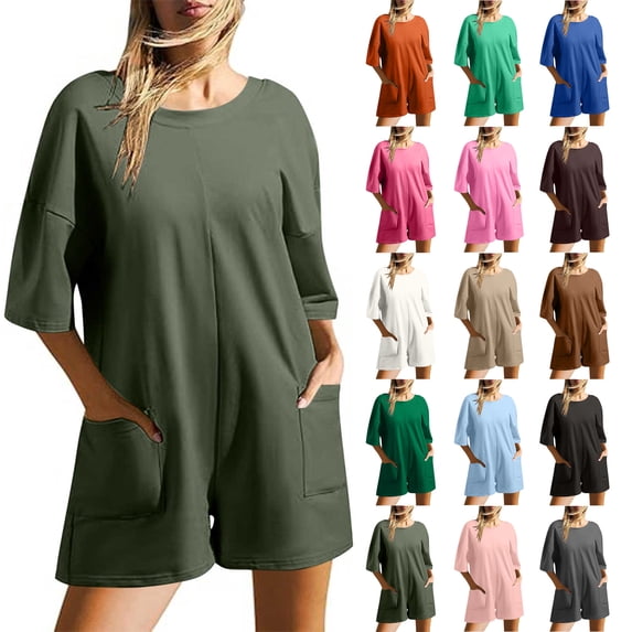 QATAINLAV Womens Casual Short Sleeve Oversized Rompers Loose Wide Leg Cozy T-Shirt Pajamas Onesie Shorts with Pockets, Khaki, XL