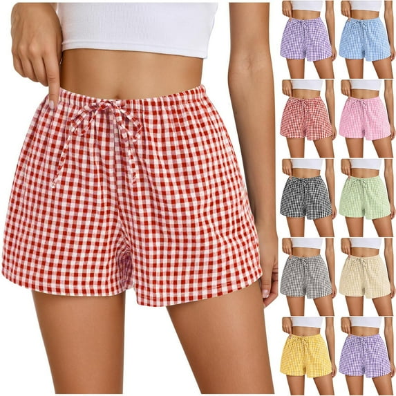 QATAINLAV Womens Casual Shorts with Pockets Comfy Breathable Drawstring Plaid Pajama Shorts Beach Vacation Clothes Light Blue XL Gifts for Mom