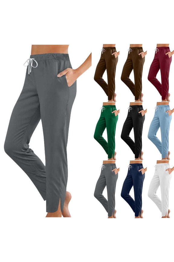 Womens Casual Side Slits Joggers Pant High Waisted Drawstring Athletic Yoga Trousers with Pockets Fall Winter Outfits, Black, XL, Birthday Gifts
