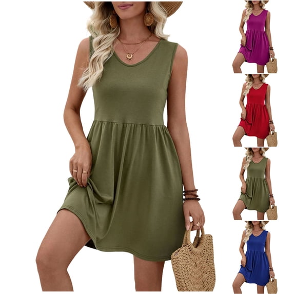 QATAINLAV Womens Casual Summer Dresses Beach Vacation Sleeveless Tank Dress Loose Flowy Tiered Sundress Army Green S