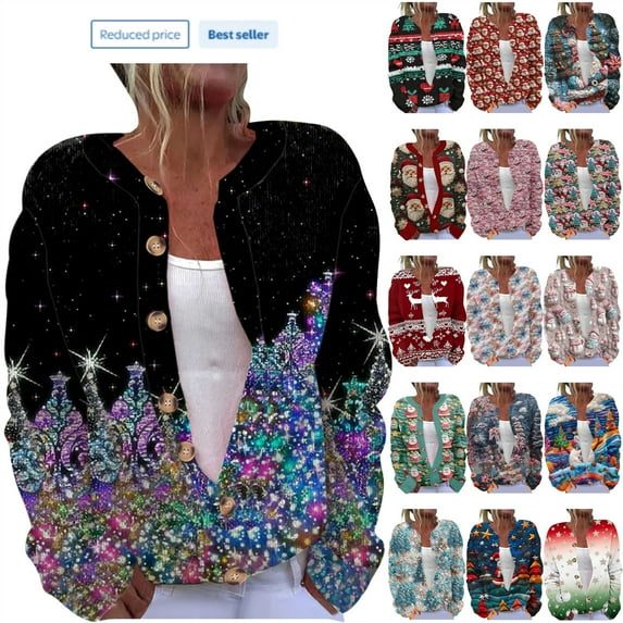 QATAINLAV Womens Christmas Button Up Sweater Ugly Santa Print Knit Cardigan Tops Xmas Casual Long Sleeve Winter Knitted Cardigans Multicolor M