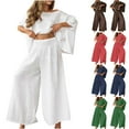 thumbnail image 1 of QATAINLAV Womens Cotton Linen 2 Piece Outfits Loose Cropped Batwing Shirt and Wide Leg Pants Plus Size Lounge Sets Vacation Clothes, White, L, Gifts for Mom, 1 of 8