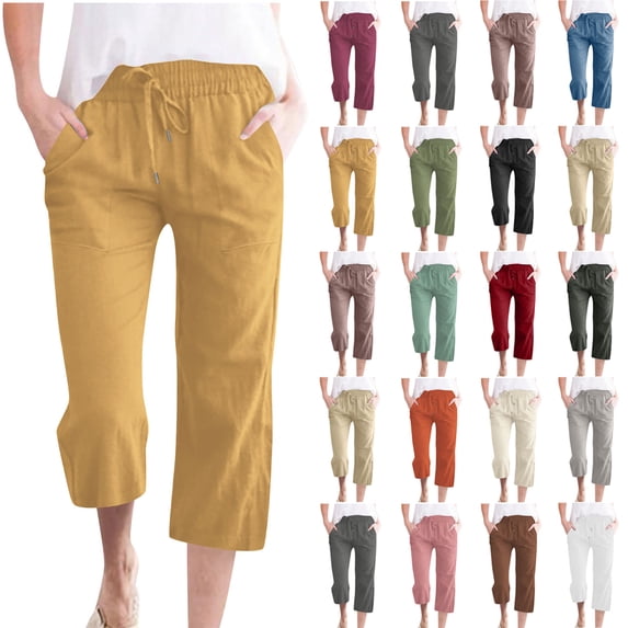 QATAINLAV Womens Cotton Linen Capri Pants 2025 Casual Summer Drawstring Elastic Waist Straight Leg Cropped Trousers with Pockets Beach Vacation Clothes Gray L