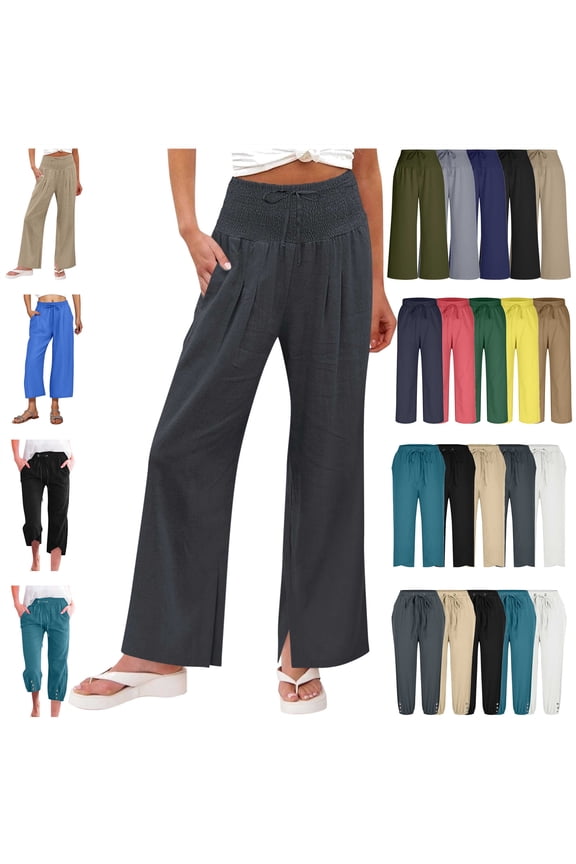 Cotton Linen Capri Pants for Women 2025 Summer Tulip Hem Cropped Trouser Casual Drawstring Elastic Waist Beach Capris with Pockets Khaki M Gifts for Mom
