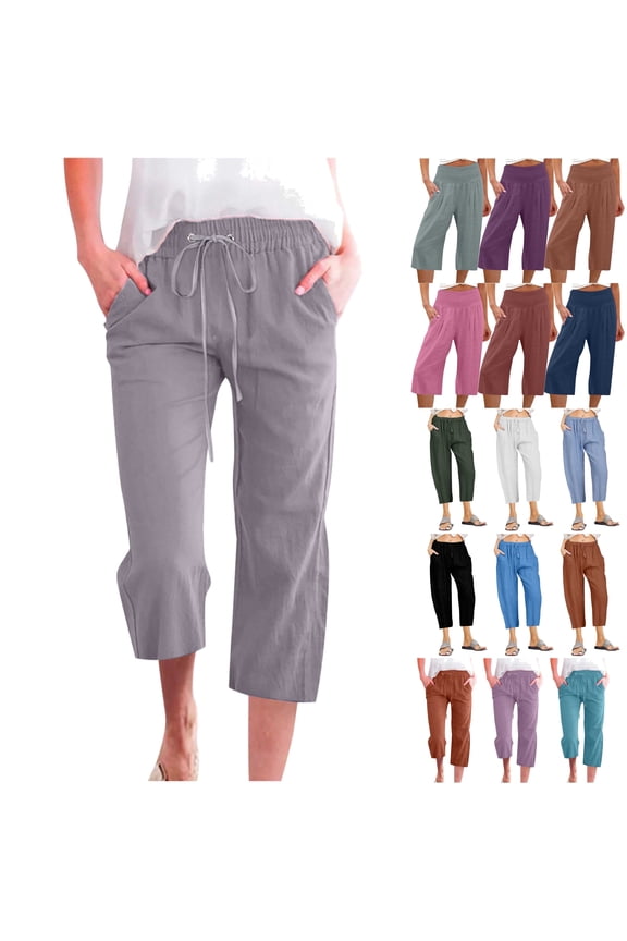 Womens Cotton Linen Capris Loose Wide Leg Lounge Pants Casual Drawstring Solid Color Cropped Trousers with Pockets 2024 Fall Outfits Black XL
