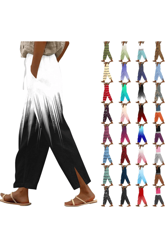 Womens Cotton Linen Gradient Color Pants Casual Drawstring Elastic Waist Slacks Straight Leg Split Lounge Trousers with Pockets Gray L Birthday Gifts