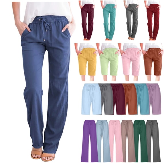 QATAINLAV Womens Cotton Linen Pants Casual Drawstring Elastic High Waist Straight Pants Loose Comfy Wide Leg Lounge Trousers with Pockets Red S Lightning Sales Today