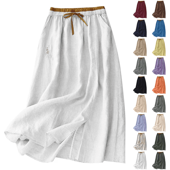 QATAINLAV Womens Cotton Linen Skirts Spring Fall Midi Length A Line Skirt with Pockets Beach Vacation Clothes Dress, Black, M,