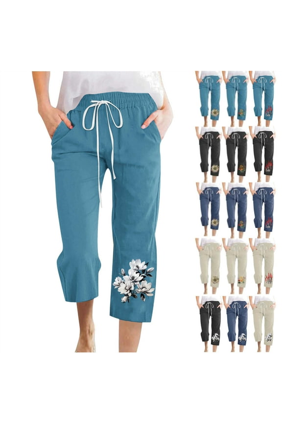 Womens Cotton Linen Summer Beach Pants with Pockets Trendy Floral Print Wide Leg Capris Casual Drawstring High Waisted Cropped Trousers Blue S Mothers Day Gifts