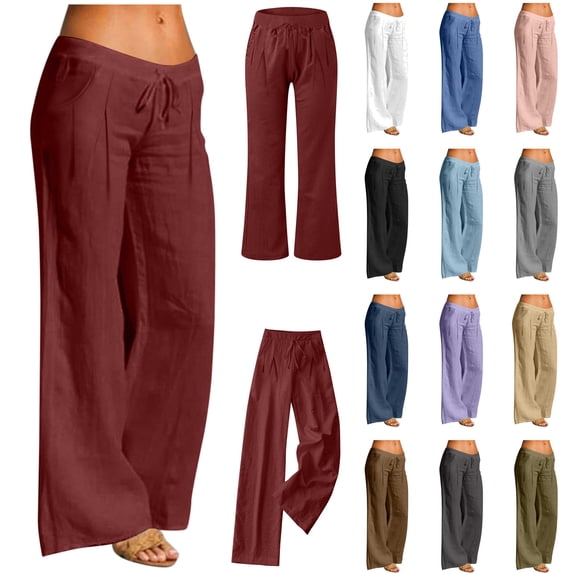 QATAINLAV Womens Cotton Linen Wide Leg Pants Casual Drawstring Elastic Waist Trousers Solid Color Summer Beach Pants with Pockets, Black, S