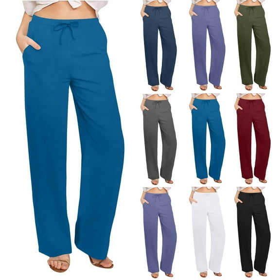 QATAINLAV Womens Cotton Linen Wide Leg Pants Solid Casual Drawstring High Waisted Palazzo Pants Loose Fit Lounge Pants with Side Pockets Beach Vacation Clothes Army Green S Prime Today