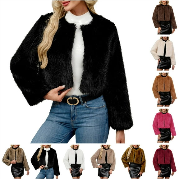 QATAINLAV Womens Cropped Coats Fashion Faux Fur Jackets Long Sleeve Open Front Cardigans Fall Winter Clothes, Black, S
