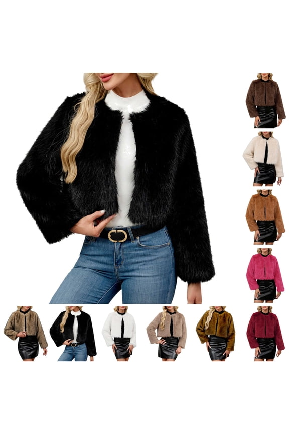 Womens Cropped Coats Fashion Faux Fur Jackets Long Sleeve Open Front Cardigans Fall Winter Clothes, Brown, S