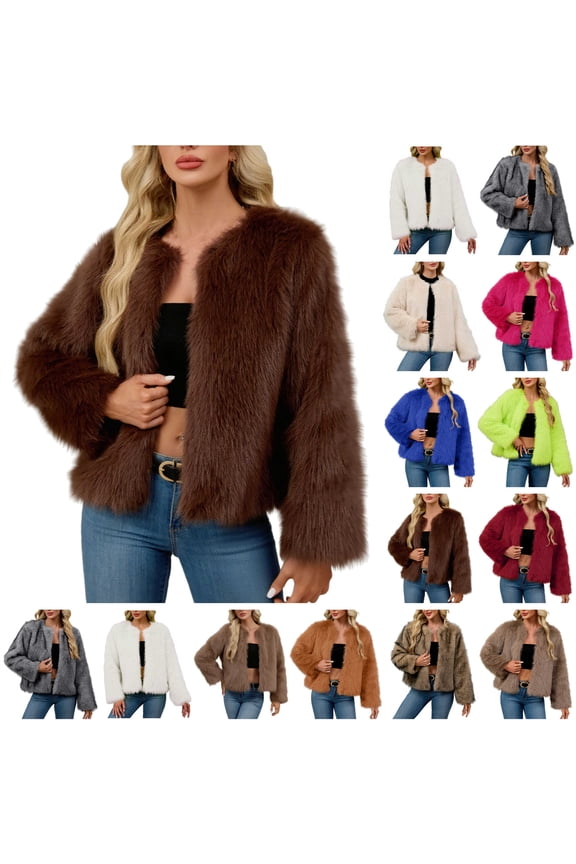 Womens Cropped Coats Faux Fur Jackets Fashion Long Sleeve Open Front Coat Casual Streetwear, White, M