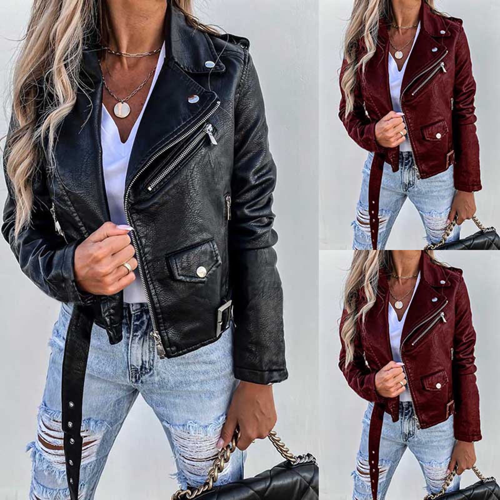 QATAINLAV Womens Cropped Faux Leather Moto Jacket Casual Short Zip-up Slim Biker Coat with Belt Fall Winter Long Sleeve Outwear, Black, XXXL