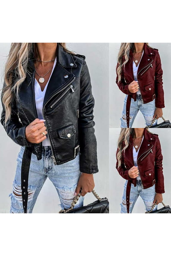 Womens Cropped Faux Leather Moto Jacket Casual Short Zip-up Slim Biker Coat with Belt Fall Winter Long Sleeve Outwear, Red, XXXL
