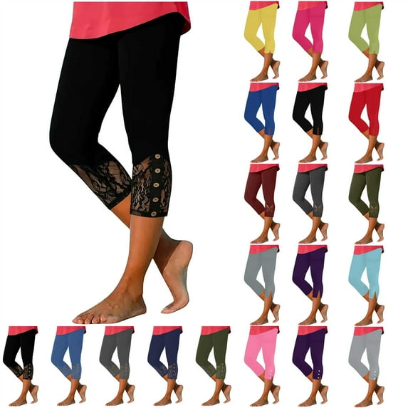 QATAINLAV Capri Leggings for Women Yoga Workout Tummy Control 3/4 Length Legging Yoga Pants Casual Lace Bottom Tights Black L