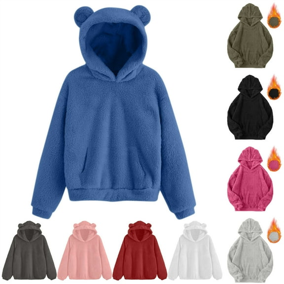 QATAINLAV Womens Cute Bear Ears Hoodie Long Sleeve Warm Fleece Hooded Sweatshirts with Kangaroo Pocket Shaggy Plush Teen Girl Clothes, Army Green, S