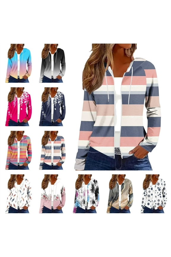 Womens Cute Full Zip Hoodies Jackets Fashion Graphic Print Sweatshirts Long Sleeve Drawstring Hooded Outerwear, White, S