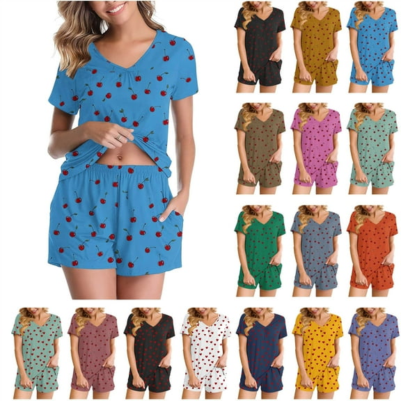 QATAINLAV Womens Cute Graphic Print Pajamas Matching Sets Casual V Neck Tees Shirts and Shorts 2 Piece Lounge Set with Pockets, Army Green, XL