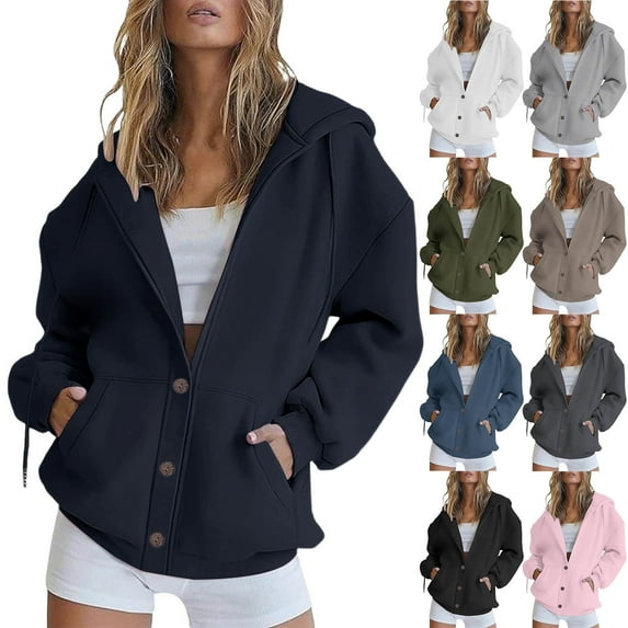 QATAINLAV Womens Cute Oversized Sweatshirt Jackets Casual Button Down Long Sleeve Hooded Cardigans Solid Color Y2k Hoodies Streetwear, White, M