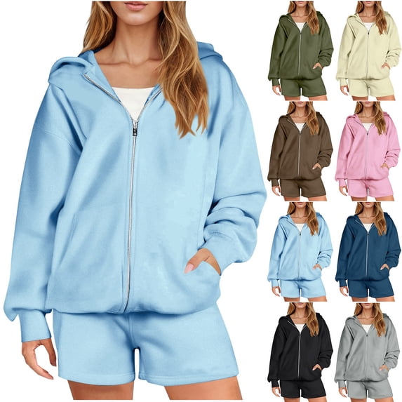 QATAINLAV Womens Cute Zip Up Hoodies and Shorts 2 Piece Outfits Casual Long Sleeve Hooded Sweatshirts Jacket Matching Sets, Beige, XXL, Gifts for Girls