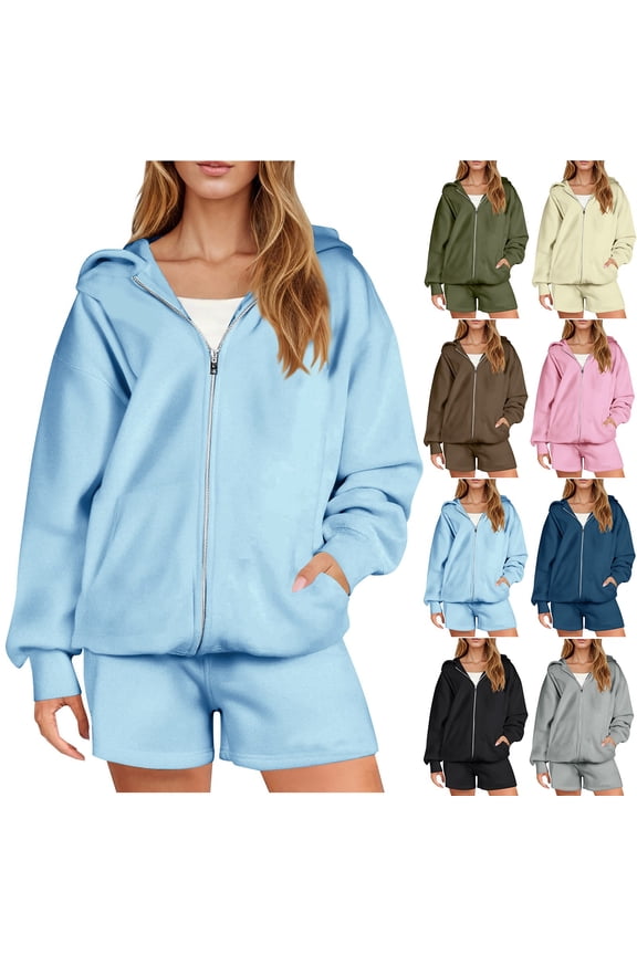 Womens Cute Zip Up Hoodies and Shorts 2 Piece Outfits Casual Long Sleeve Hooded Sweatshirts Jacket Matching Sets, Brown, M, Mothers Day Gifts