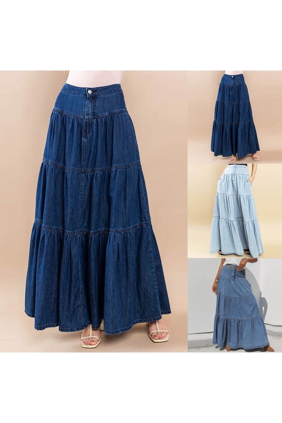 Womens Denim Maxi Skirts Solid Color Ruffled Hem High Waist A Line Jean Skirt Casual Loose Flowy Tiered Long Skirt, Dark Blue, M,