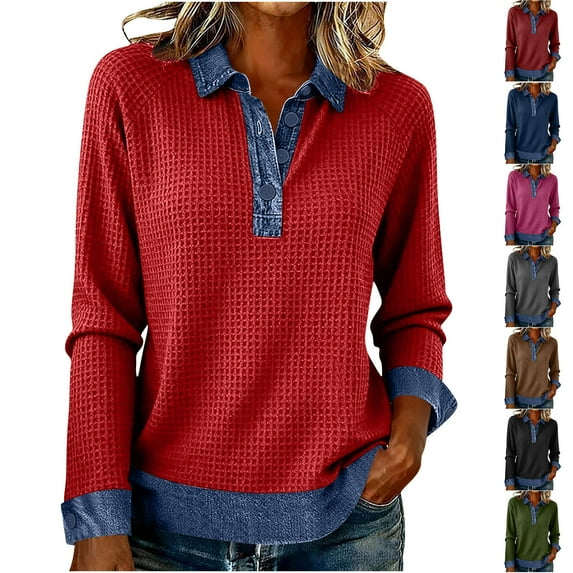 QATAINLAV Womens Denim Patchwork Lapel Collar Sweatshirt Casual Buttun Up Polos Shirts Loose Fit Long Sleeve Pullovers Tops Red L