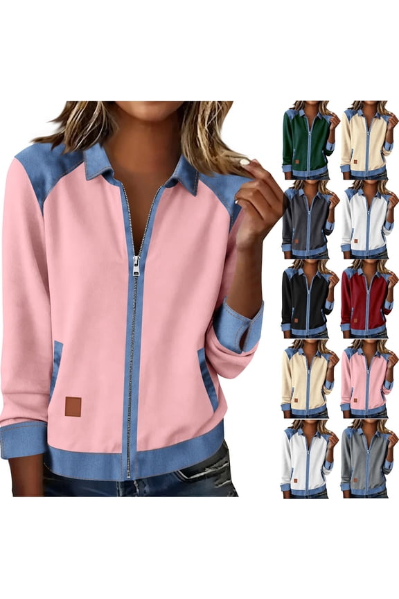 Womens Denim Patchwork Sweatshirts Casual Zip Up Lapel Collar Long Sleeve Jackets Loose Fit Going Out Tops Army Green XL