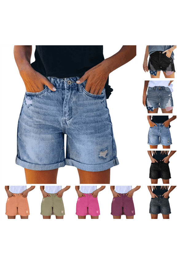 Womens Denim Shorts Stretchy Mid High Waisted Hot Shorts Casual Rolled Hem Distressed Ripped Summer Short Jeans with Pockets Blue L