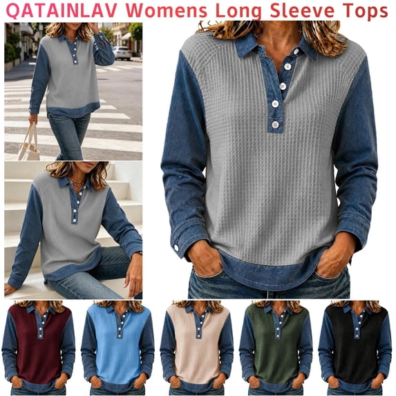 QATAINLAV Womens Denim Spliced Shirts Waffle Knit Button Henley Shirt Casual Textured Long Sleeve Tops