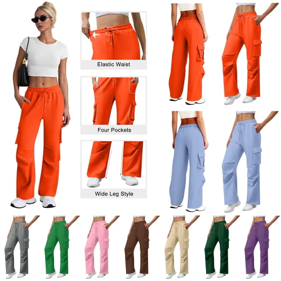 QATAINLAV Womens Drawstring Cargo Wide Leg Sweatpants with Pockets Outdoor Business Casual Solid Work Trousers Orange M