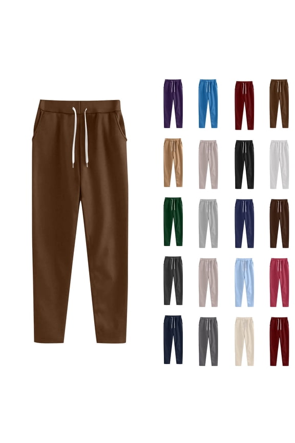 Womens Drawstring High Waisted Yoga Sweatpants with Pockets Solid Color Straight Leg Jogger Going Out Outfits, Coffee, M