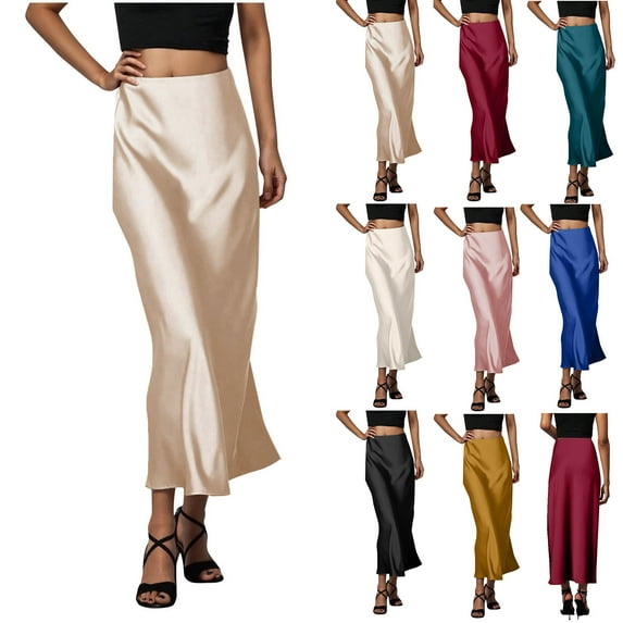 QATAINLAV Womens Elegant Satin Maxi Skirt High Waisted A Line Long Skirts for Cocktail Party Solid Color Office Work Skirts, Beige, XL, Birthday Gifts