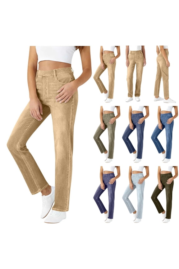 Womens Fake Jeans Denim Pants Baggy Straight Leg Stretch Jeans Solid Casual High Waisted Yoga Jeggings Trousers with Pockets, Black, M