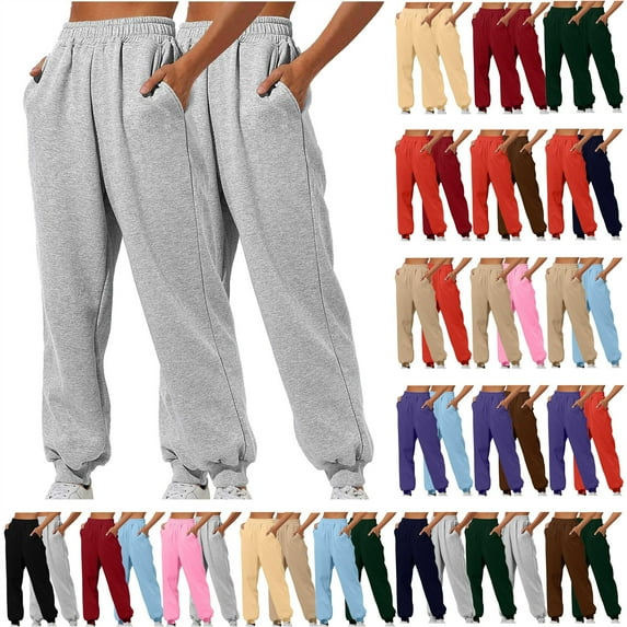 QATAINLAV Womens Fall Baggy Lounge Trousers 2 Pcs Solid Color High Waisted Sweatpants Outdoor Running Jogger Pants with Pockets Gray XXL Gifts for Mom