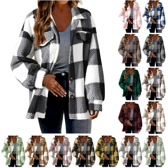 QATAINLAV Womens Fall Winter Coats Warm Plush Shacket Jackets Fashion Plaid Fleece Fuzzy Button Cardigan Streetwear Hot Pink XXL