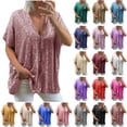 thumbnail image 1 of QATAINLAV Womens Fashion 2025 Glitter Sparkly Sequin Tops Going out Loose Pullover Shirts Solid Casual V Neck Blouse Short Sleeve Tees Shirt Beige XXL, 1 of 6