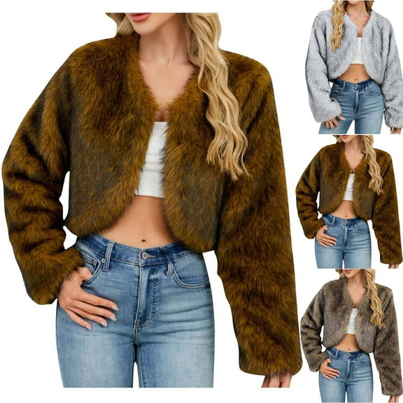 QATAINLAV Womens Fashion Cropped Faux Fur Jacket Casual Open Front Fluffy Short Coats Winter Long Sleeve Outerwear, Gray, M