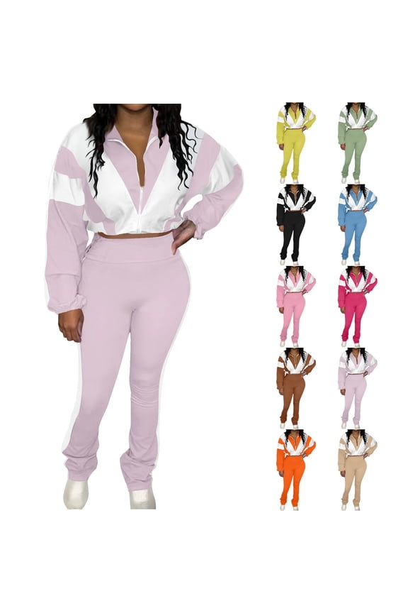 Womens Fashion Sweatsuit 2 Piece Outfits Long Sleeve Cropped Jacket and Flared Leggings Color Block Jogger Tracksuits Sets, Black, XXL, Gifts for Mom